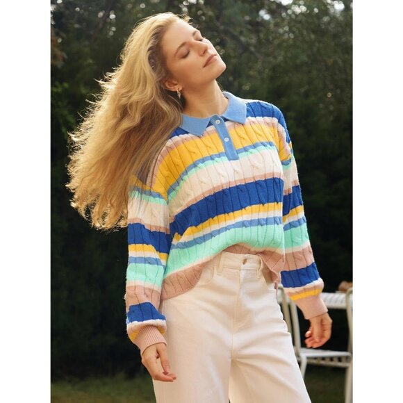 Cicy Bell Sweater Shirts Womens White Blue Long Sleeve Knit Pullover Tops - Picture 2 of 6